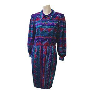 Vintage Brenner 80s Geometric Print Dress Size S M Abstract Collared Shirt Dress